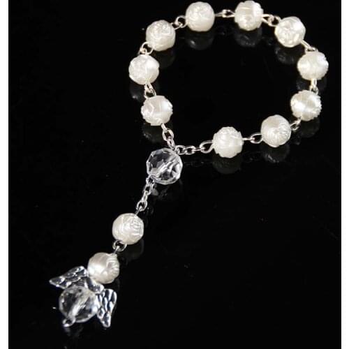 10Pcs Rose Beads Bracelet Baptism Favors with Angels Mini Rosaries Acrylic Beads Bracelet Christening Communion Finger Rosari