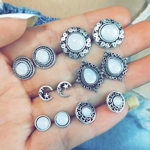 12 Pcs/set Vintage Opal Geometric Simple Moon Gem Silver Color Earrings Set Women Bohemian Charm Jewelry