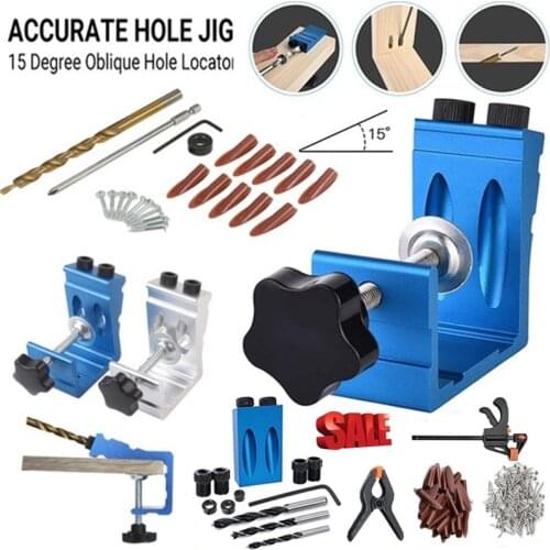 7/14/28/34/46Pcs All In One Aluminum Pocket Hole Jig Kit 15 Degree Dowel Drill Joinery Kit Oblique Hole Locator