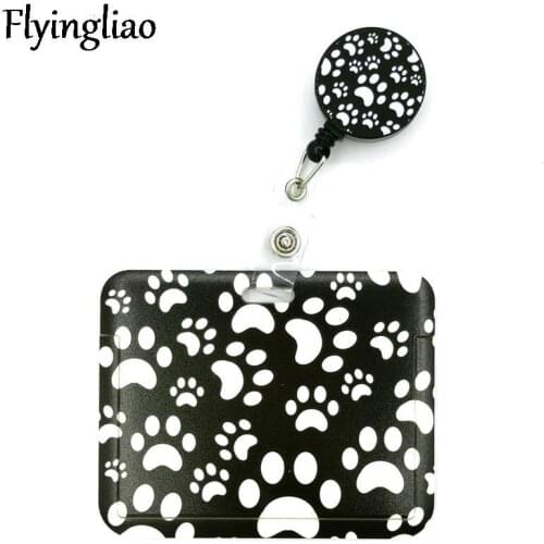 Black Dogs Paws Cute Card Cover Clip Lanyard Retractable Student Nurse Badge Reel Clip Cartoon ID Card Badge Holder accessories