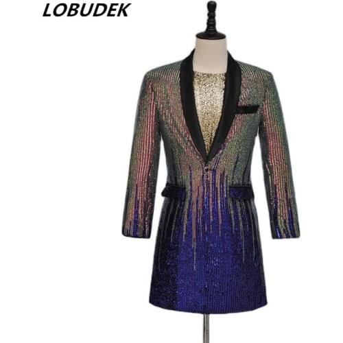 Multi-color Splicing Sequins Long Blazer Suit Jacket Slim Coat Men Magician Stage Singer Performance Costume Plus Size S-3XL