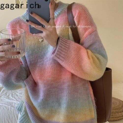 Gagarich Women Sweet Sweater Korean Style Ins Rainbow Color Outside Wearing Pullover Female Thick Loose Thin Long-sleeved Tops