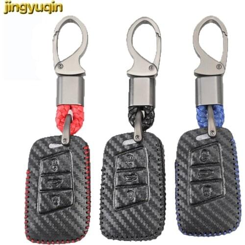 Jingyuqin Leather Carbon Remote Car Key Case Cover for VW Skoda Superb Magotan Passat B8 A7 Golf Smart Key 3Button