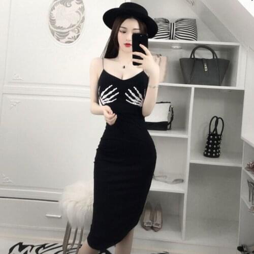 Fashion Brand Womens Clothing Summer Dresses Sexy Club Spaghetti Strap Dress Skeleton V-neck Low-cut Off Shoulder Party Dresses