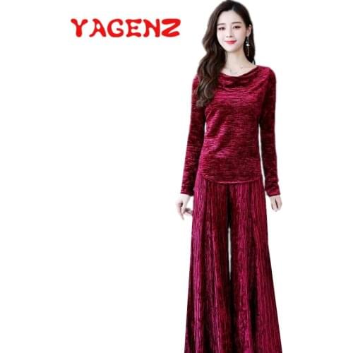 YAGENZ Fashion Gold velvet Wide-leg Pants Suit Women Two Piece Set Spring and Autumn Clothes Plus size 2 piece set Women 690