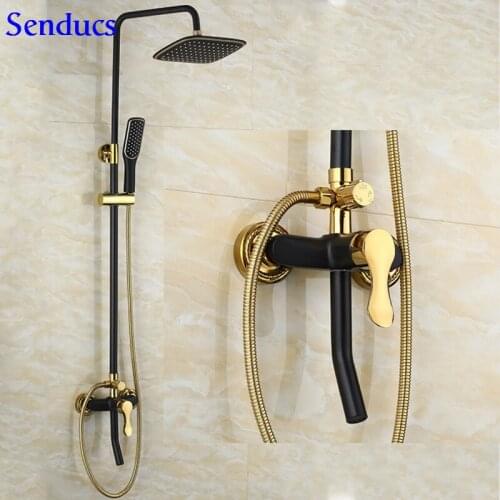 Senducs Brass Shower Set Black Gold Bathroom Shower Set With Quality Brass Bathroom Shower Faucet And Abs Top Shower Hand