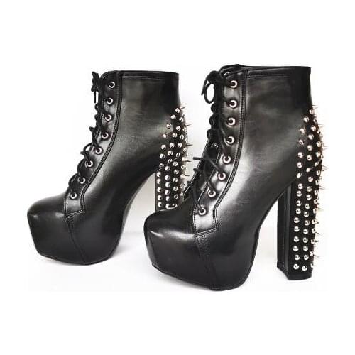 Linamong Punk Black Leather Spikes Lace Up Chunky Heels Platform Ankle Boots Round Toe Party Club High Heels Short Boots Shoes