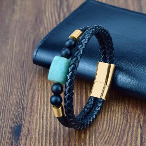 Original Exclusive New Men Woman Bracelets Natural Stone Amazon Beads Strands Leather Wrap Bracelet Stainless Steel Bracelets
