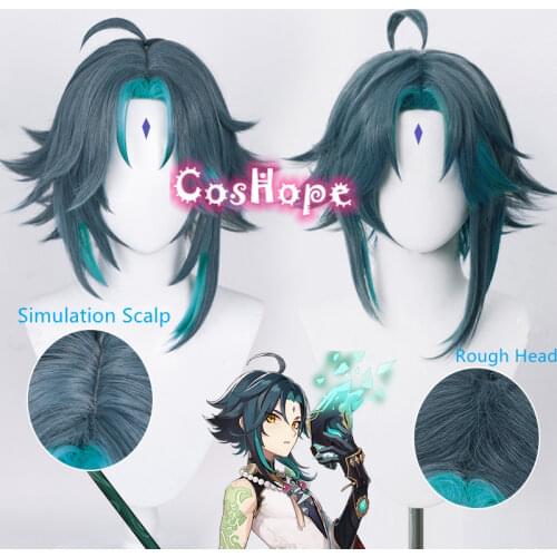 Genshin Impact Xiao Cosplay Men 40cm Green Mixed Wig Cosplay Anime Cosplay Wigs Heat Resistant Synthetic Wigs Halloween