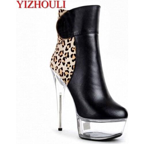 Sexy leopard print low - cut short boots 15cm high and waterproof platform, Nightclubs are high-heeled boots and sexy women