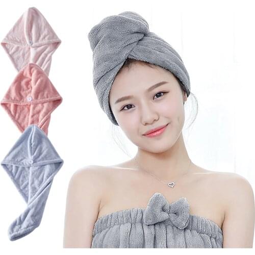 Microfiber Hair Towel Wrap Super Absorbent Twist Turban Long Curly Fast Drying Hair Caps with Buttons Solid Color 65x25cm