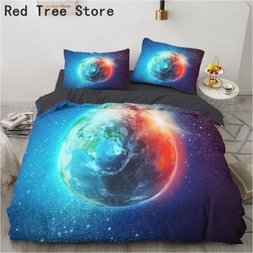 King Size Bedding Set Luxury Designer Earth Printed Duvet Comforter Cover Sets with Pillow Case Outer Space Planet Theme for Kid