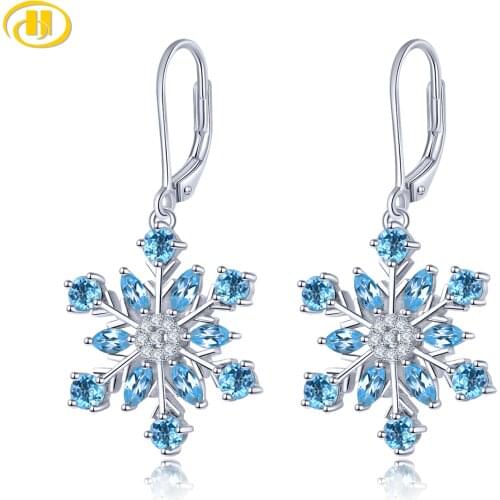 Natural Blue Topaz Sterling Silver Drop Earring 2.9 Carat Blue Snow Flower Design Romantic Elegant Style Anniversary Wedding