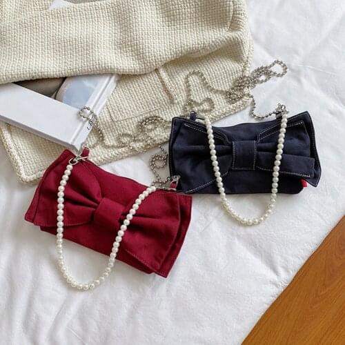 Vintage Women Bowknot Canvas Pearl Chain Underarm Shoulder Crossbody Messenger Bag Casual Ladies Solid Color Small Handbags