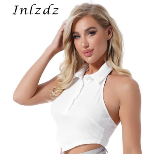 Womens Asymmetric Hem Backless Ribbed T-shirt Halter Turn-down Collar Sleeveless Crop Top Button Vest for Night Club Festival