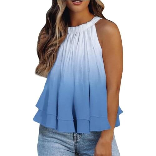 Women T-Shirt Halter Neck Tank Tops Gradient Color Floral Pleated Sleeveless Shirt Casual Camisole Crop camisetas de mujer g4