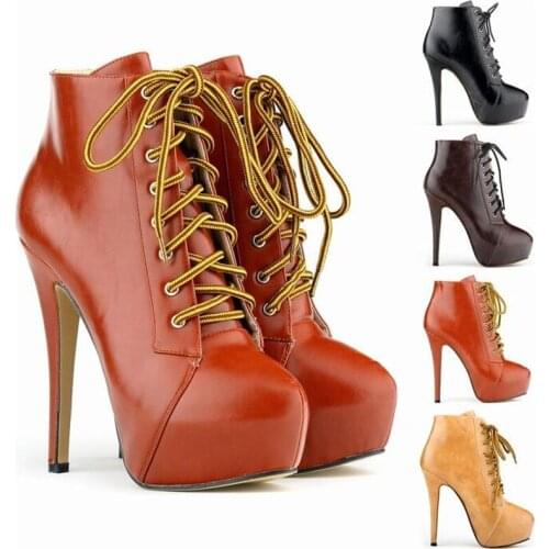 Female Motorcycle boots Winter Boots pu Lace-Up Ankle Basic Round Toe Super High 14CM Thin Heels Solid women boots Shoes