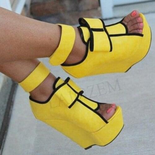 LAIGZEM SUPER Women Sandals Faux Suede Platform Wedges Heels Sandals Yellow Shoes Woman PARTY Club Sandalia Zapato Size 34-52
