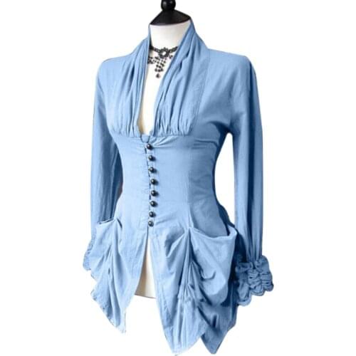 2019 Medieval Retro Corset Sexy Gothic Women Vintage tuxedo court Shirt Solid color temperament V-neck buckled long-sleeved top