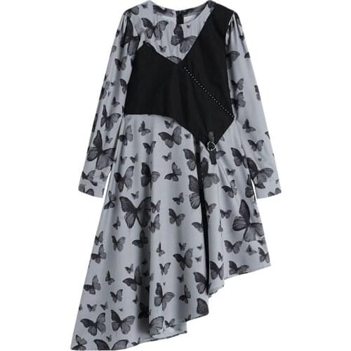 2021 Spring New O-Neck Women Full Sleeve Dress Elegant Asymmetrica Female Fake Two Dresses Butterfly Printed Midi Dress Vestidos