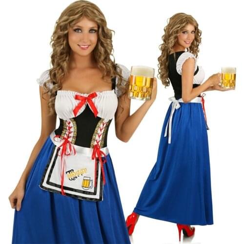 Women Bavarian Girls Oktoberfest Beer Blue Long Dress Halloween Bar Maid Waitress Cosplay Costume And Apron