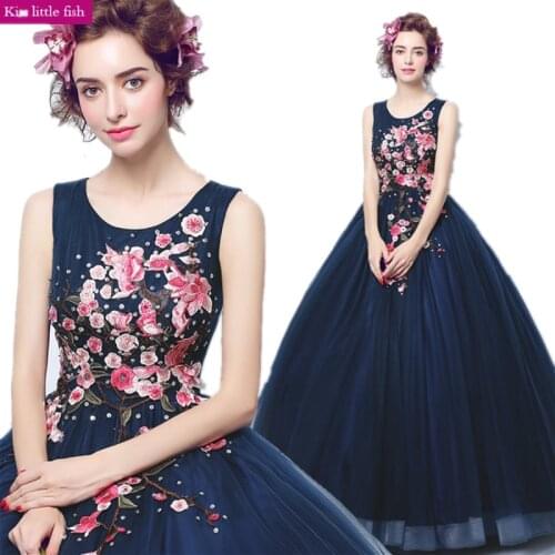 3210 Free shipping Luxury lace flower blue long evening dress vestido de festa long evening gowns