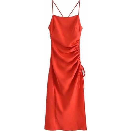 2021 New Women Chic Fashion Draped Detail with Adjustable Tie Midi Dress Vintage Backless Side Zipper Straps Female Dresses