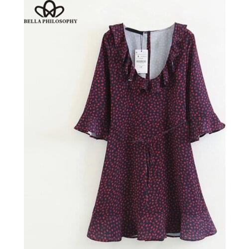 Bella Philosophy Lips Printed Dress Women Casual Loose Ruffles V-neck Zipper Dress Female Lace Up High Waist Vestidos