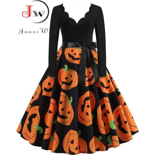 Women Dress Winter Long Sleeve V Neck Pumpkin Print Halloween Costume Party Dresses Casual Vintage Plus Size S~3XL Clothing