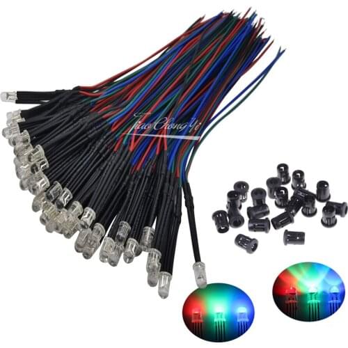 10-50pcs 5mm DC12V RGB Multicolor LED Emitting Diode Common Anode Cathode 20cm Round Pre-Wired LED With Plastic Holder DIY