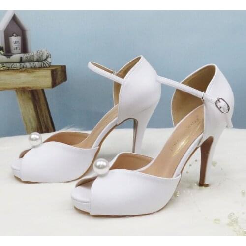 BaoYaFang Big Pearl Fashion wedding shoes Bride High heels Platform shoes ladies Ankle Strap Open Toe party dress shoes woman
