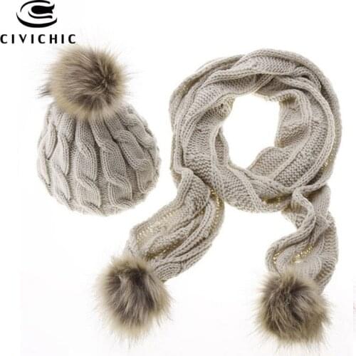 CIVICHIC Hot Fashion Thicken Knit Scarf Hat 2 Piece Set Pompon Beanies Crochet Shawl Faux Fur Neck Warmer Winter Headwear SH136