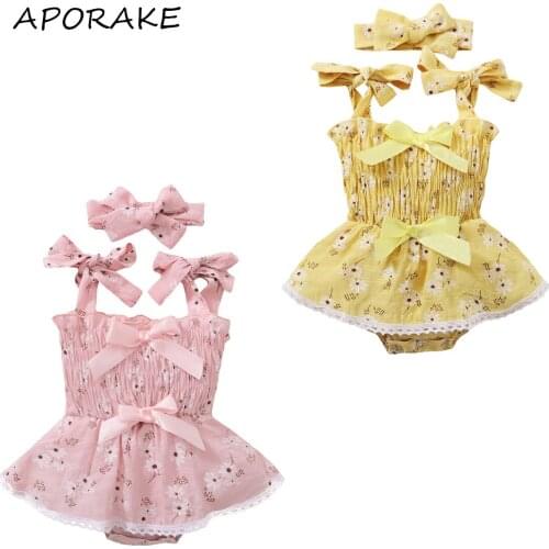 2021 0-18M Baby Girls Romper Dress Floral Print Sleeveless Lace Tutu Jumpsuit+ Bow-knot Headband Summer 2pcs Outfits