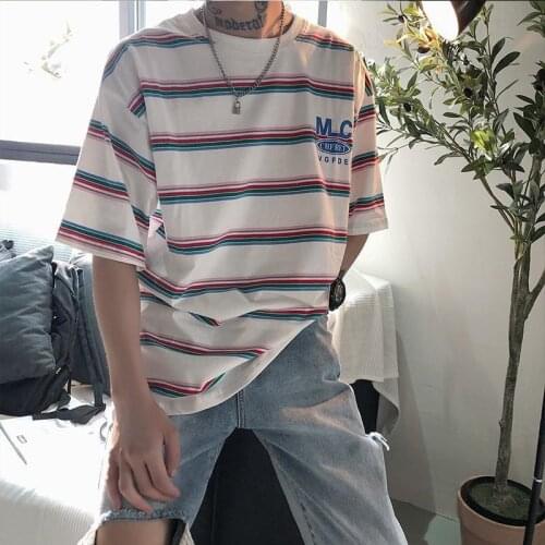 2021 Summer Oversized T-Shirt Korean Funny Harajuku Strip Tshirt Streetwear Men Japan Hip Hop Loose Half Sleeve T shirts Males