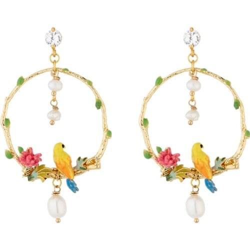 Jaeeyin 2021 Fashion Personality Unusual Enamel Bird Flower Dangle Earrings Autumn Colorful Elegant Temperment Exquisite Charm