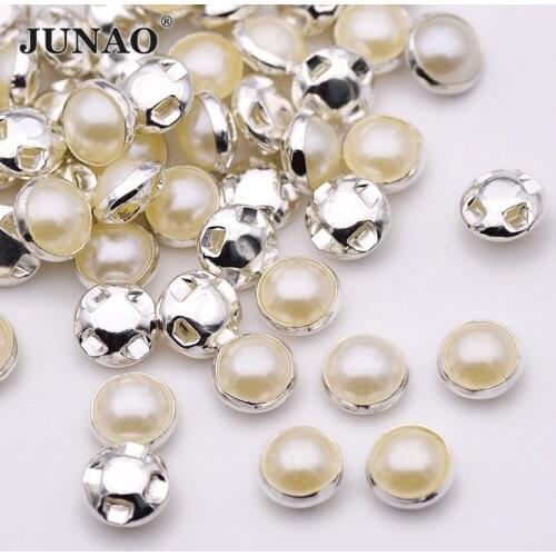 JUNAO 8mm Sewing White Pearl Beads Half Round Rhinestone Sewn Silver Claw Strass Diamond For Wedding Dress