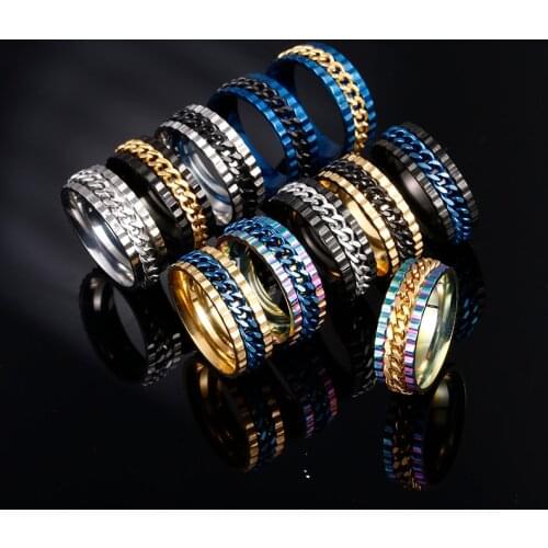 8mm Mens Ring Cool Black Rotating Link Ring Gear Texture Chain Ring Stainless Steel Punk Locomotive Jewelry Male Union Jewelry