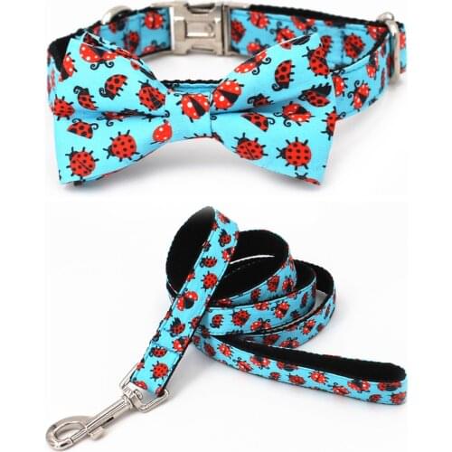 Dog Collar and Leash Set with Bow Pretty Ladybird Pattern Metal Buckle Big and Small Dog&Cat Collar Pet Accessories