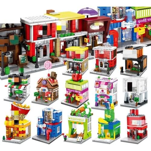 City Street View Ice Cream Coffee Burger Shop Fast Food Store House Model Building Block Educational Toy for Birthday Gift