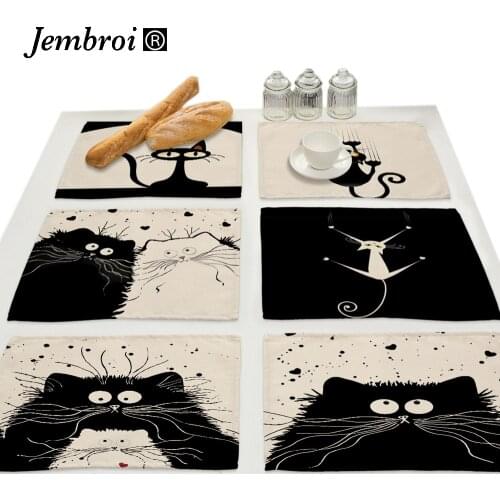 Black Cat Faux Linen Printing Placemat for Dining Table Mat Pad Drink Cup Coaster Set Doilies Home Decoration Accessories Modern