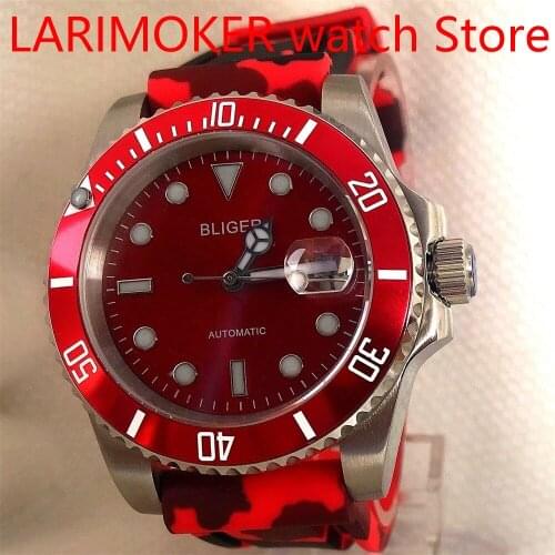 Red Automatic Men Watch NH35/MIYOTA 8215 Movement Sapphire Glass Date Rubber Strap Aluminum Bezel Insert Luminous