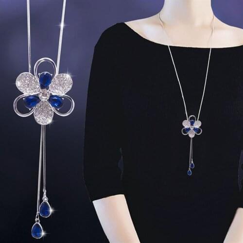 Blue Crystal Flower Pendant & Necklace Elegant Tassel Sweater Chain Long Necklace Jewelry Female Accessories Wedding