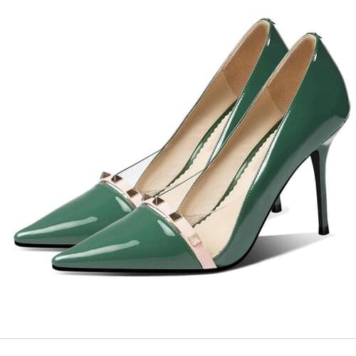 Patent Leather Pointed Toe High Heels Women Fine With Dress Party Shoes 2021 Spring Shoes Fashion Rivets Shallow Slip On Pump