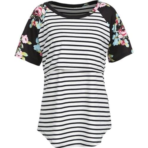 Trendy Women clothes Maternity round neck pullover Top Breastfeeding Nursing Striped Short Sleeve Floral print T-shirt one piece