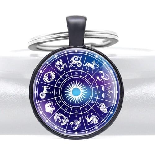 Fashion Twelve constellations Glass Dome key Chains Charms Men Women Astrology Key Ring Jewelry Gifts