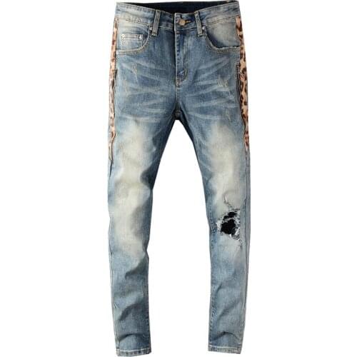 Men Jeans Retro Blue Slim Fit Destroyed Ripped Jeans Fashion Streetwear Patchwork Designer Hip Hop Jeans Men Biker Pants