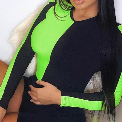 Neon Green Body Autumn Sexy Bodysuits Women Orange Color Patchwork Skinny Bodysuits Club Party Overalls Bodycon Rompers GV008