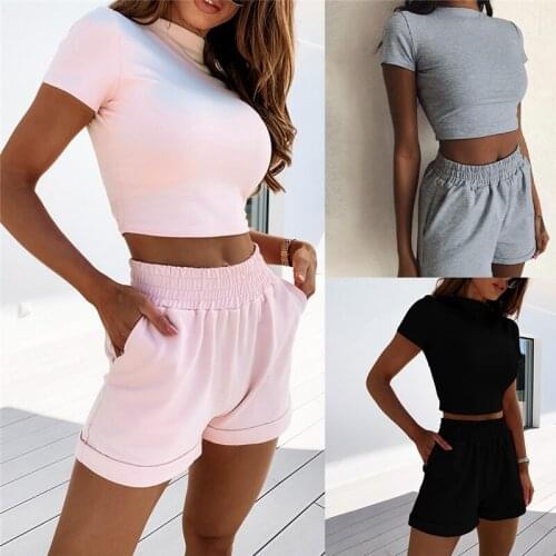 Womens 2-Piece Outfit Set Cozy Sport Fitness Set Solid Color Round Neck Crop Short Sleeve Top Short High Waist Pants Set