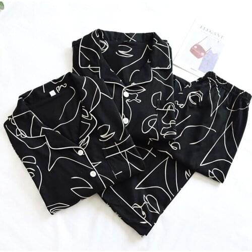 Abstract People Print Long Sleeve Pajamas For Women Autumn 100% Cotton Sleepwear Set Plus Size Loose Mens Pajama Sets Homewear