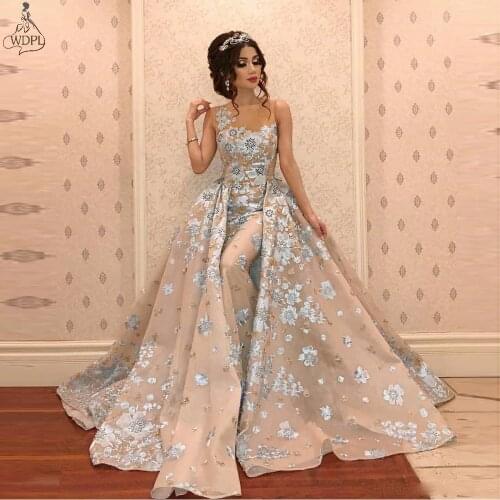 2019 Luxury Mermaid Prom Dresses With Detachable Train Beads Lace Appliqued Evening Dress Elegant Formal Party Pageant Gowns